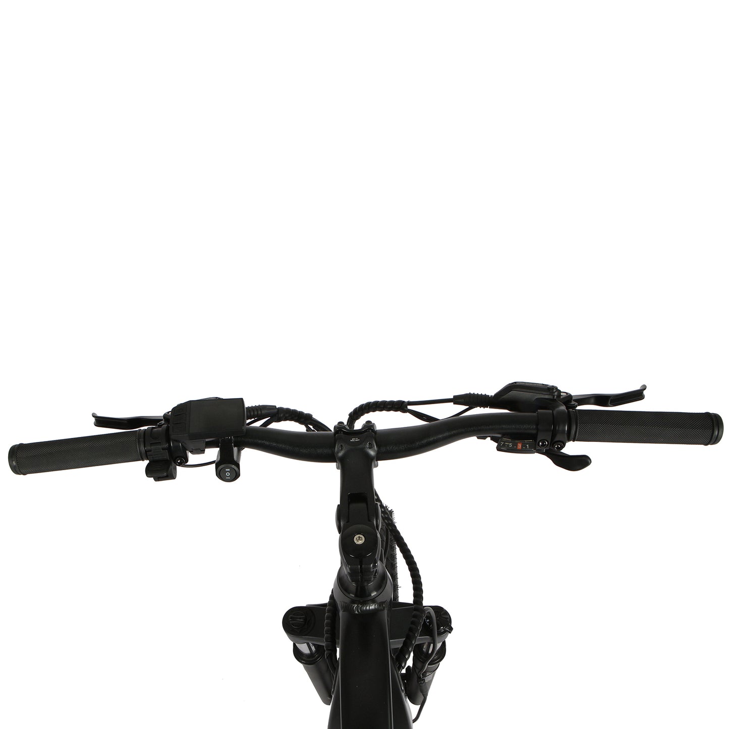 Eunorau FAT AWD 2.0 top view of handlebars showing throttle, control panel, and grips.