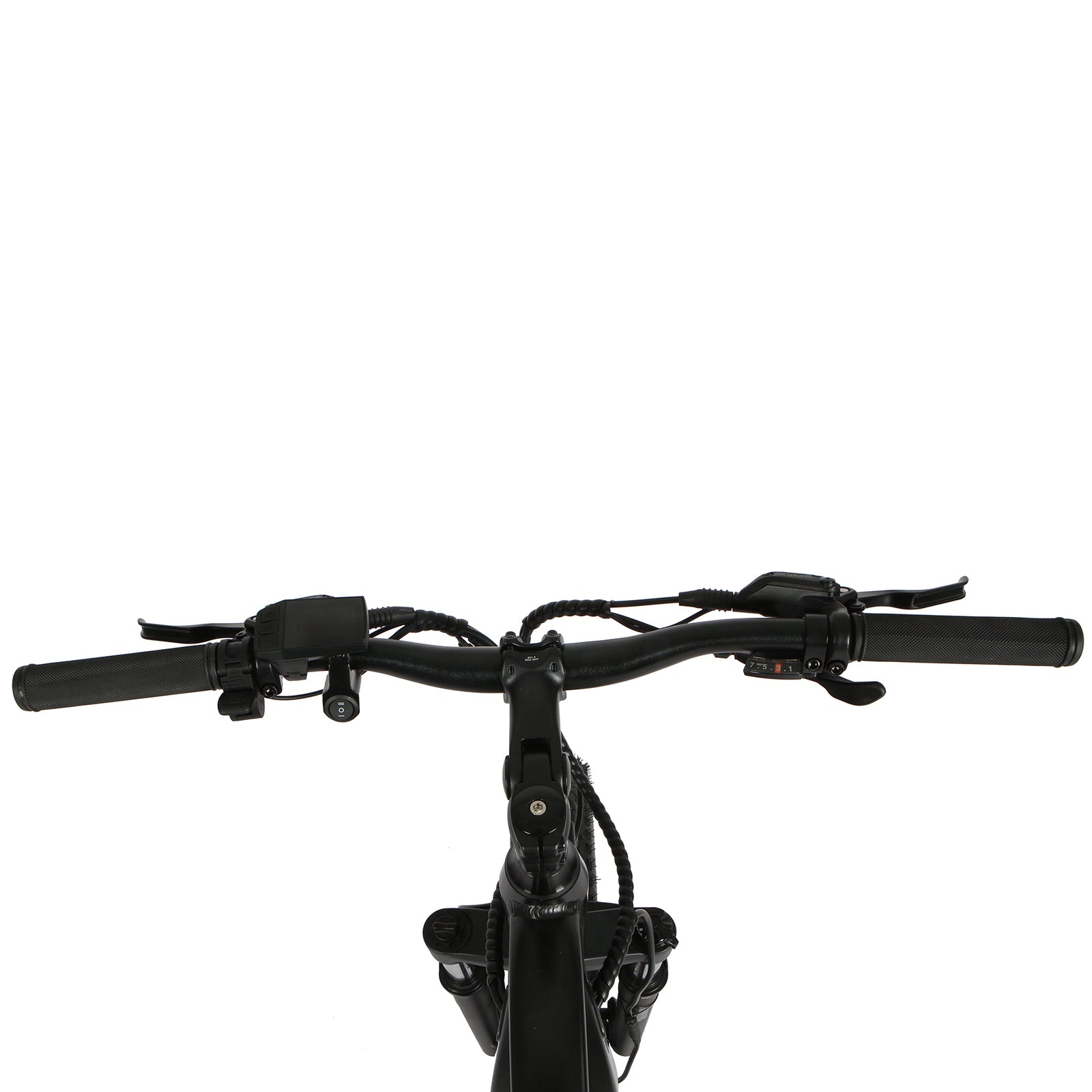 Eunorau FAT AWD 2.0 top view of handlebars showing throttle, control panel, and grips.