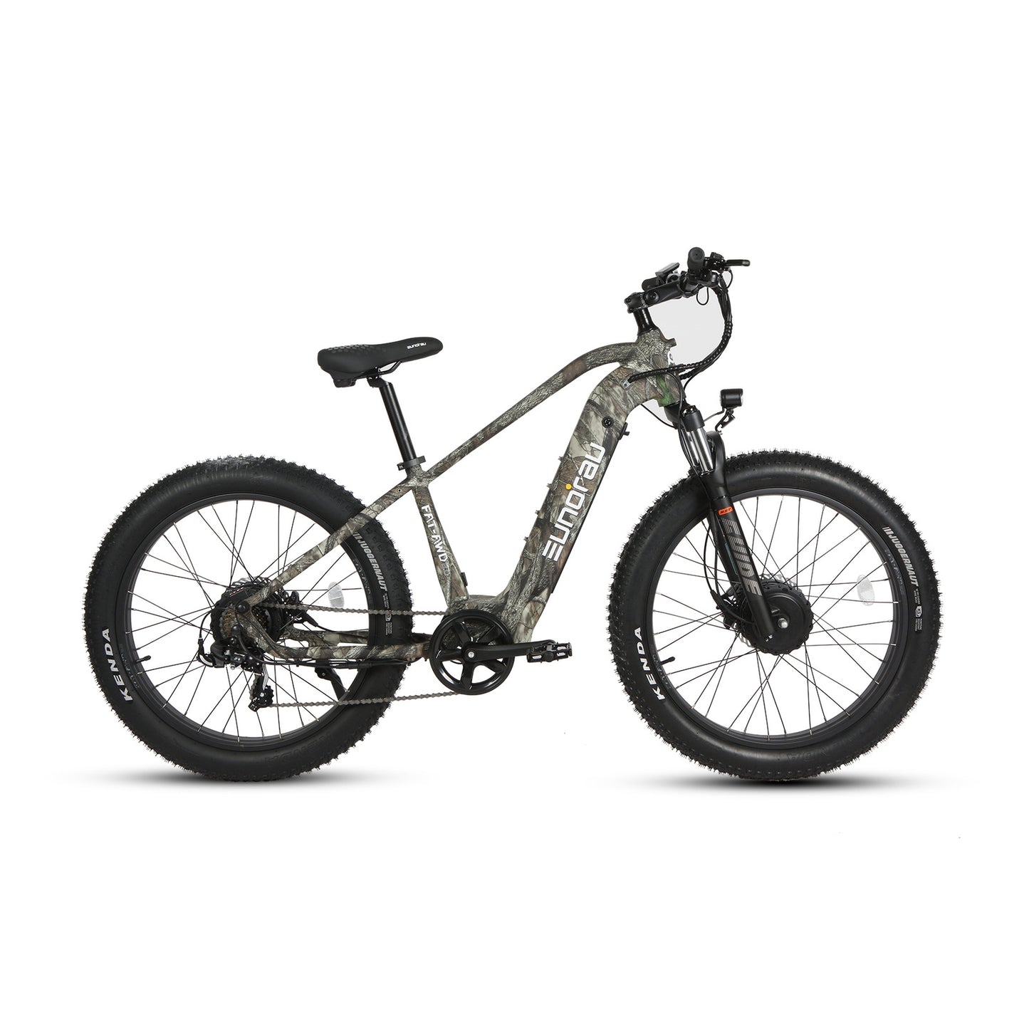 Eunorau FAT AWD 2.0 Step-over side view showing camo-colored frame, fat tires, and battery mounted on the frame.
