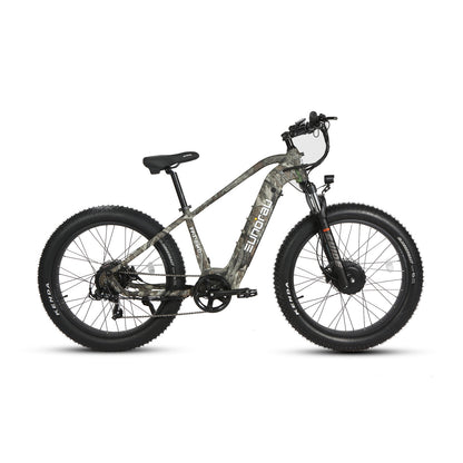 Eunorau FAT AWD 2.0 Step-over side view showing camo-colored frame, fat tires, and battery mounted on the frame.
