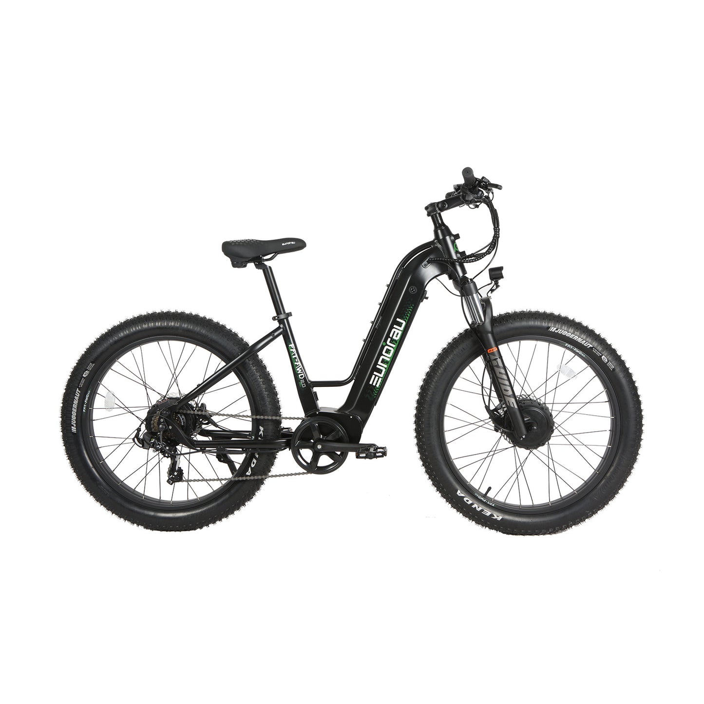 Eunorau FAT AWD 2.0 Step-through side view showing black frame, large tires, and battery mounted on the frame.
