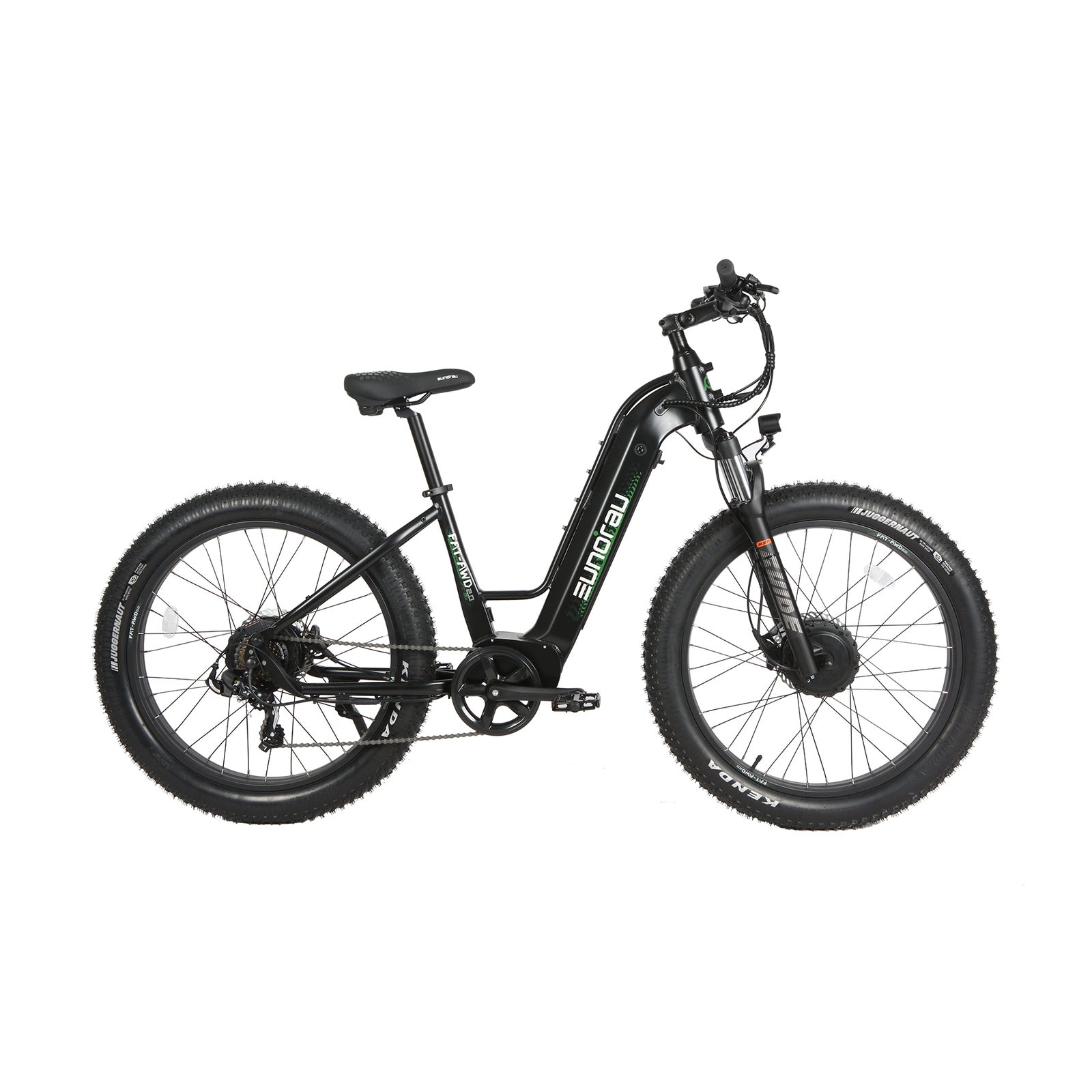 Eunorau FAT AWD 2.0 Step-through side view showing black frame, large tires, and battery mounted on the frame.
