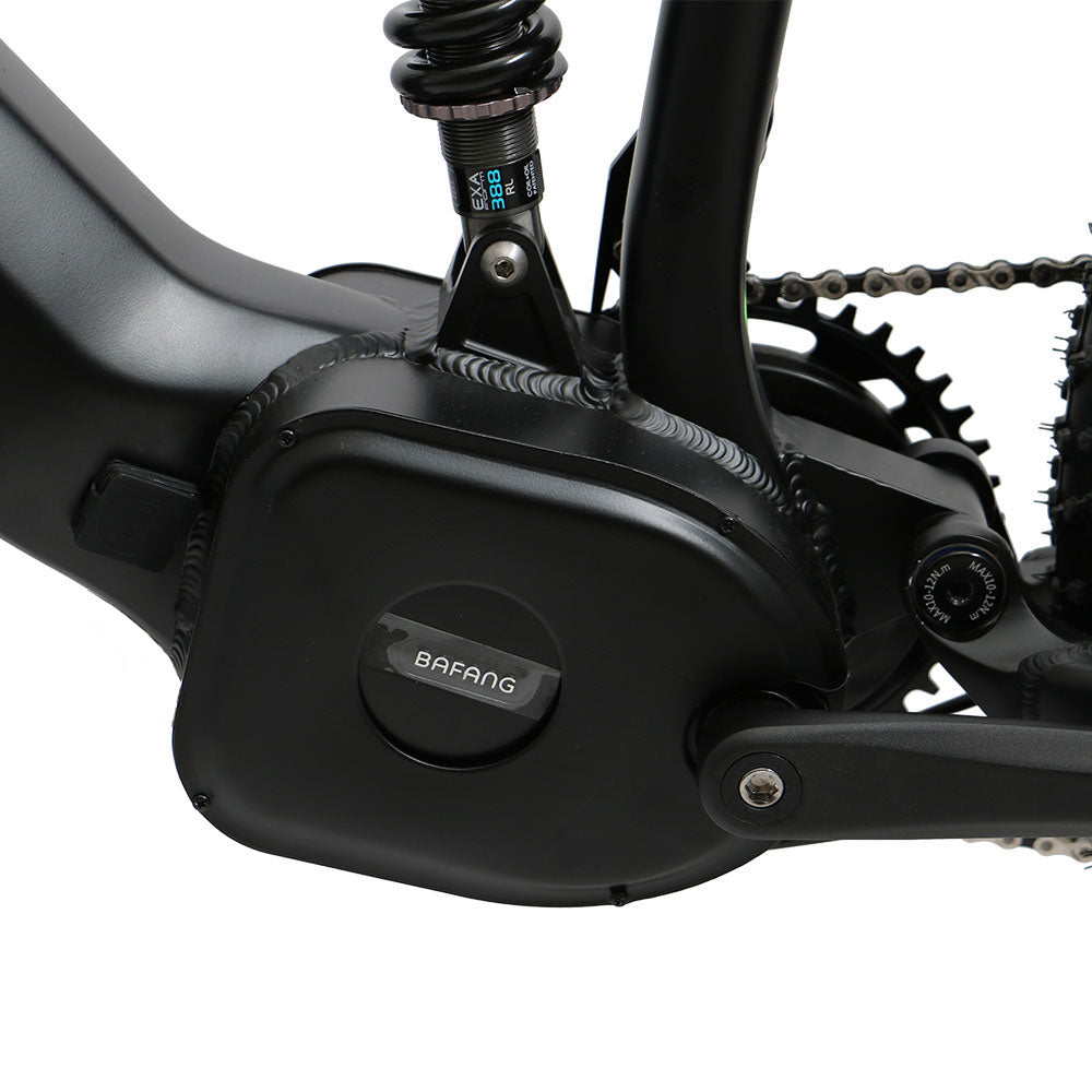 Eunorau Fat-HS electric fat tire bike bottom bracket view with Bafang motor, suspension, and drivetrain.
