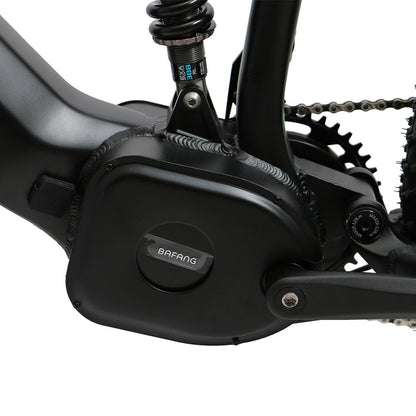 Eunorau Fat-HS electric fat tire bike bottom bracket view with Bafang motor, suspension, and drivetrain.
