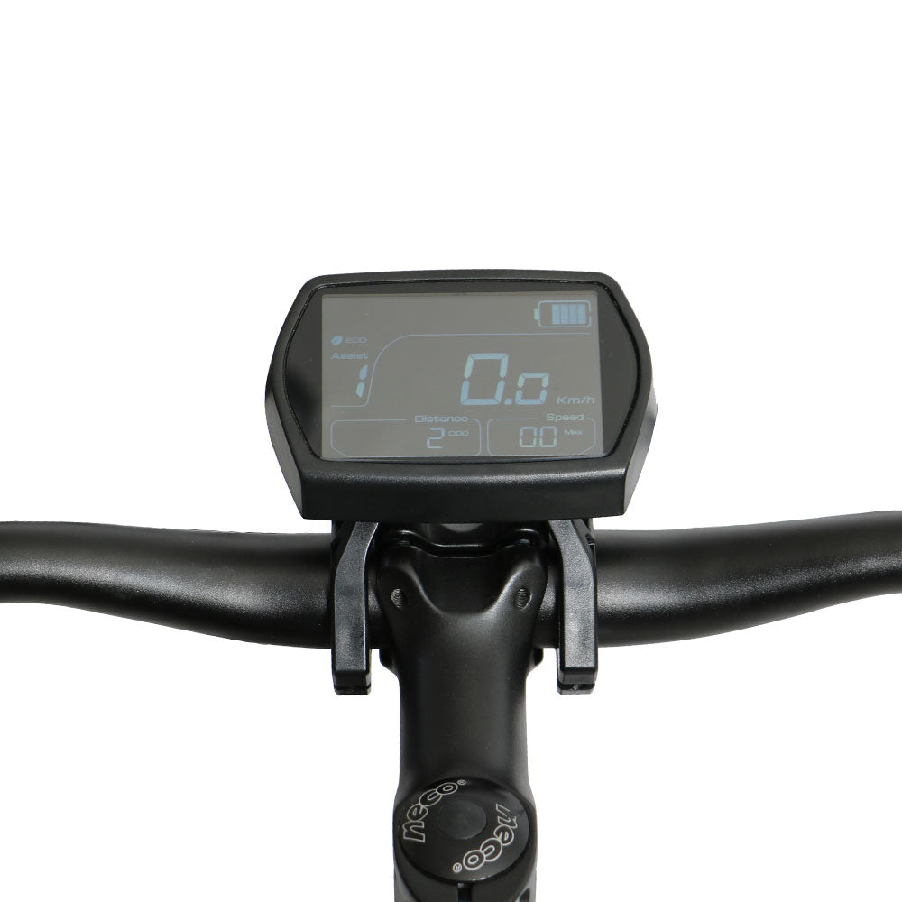  Eunorau Fat-HS electric fat tire bike close-up of display panel on handlebars showing battery status and speed
