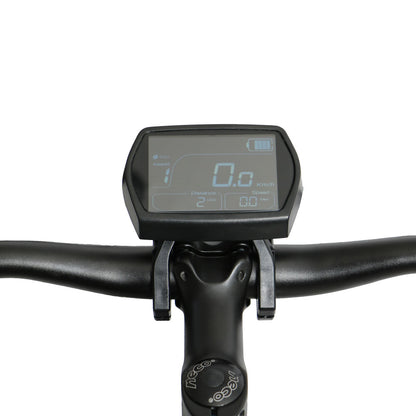  Eunorau Fat-HS electric fat tire bike close-up of display panel on handlebars showing battery status and speed
