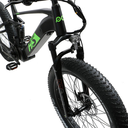 Eunorau Fat-HS electric fat tire bike front close-up view showing handlebars, brake levers, and fat tires.
