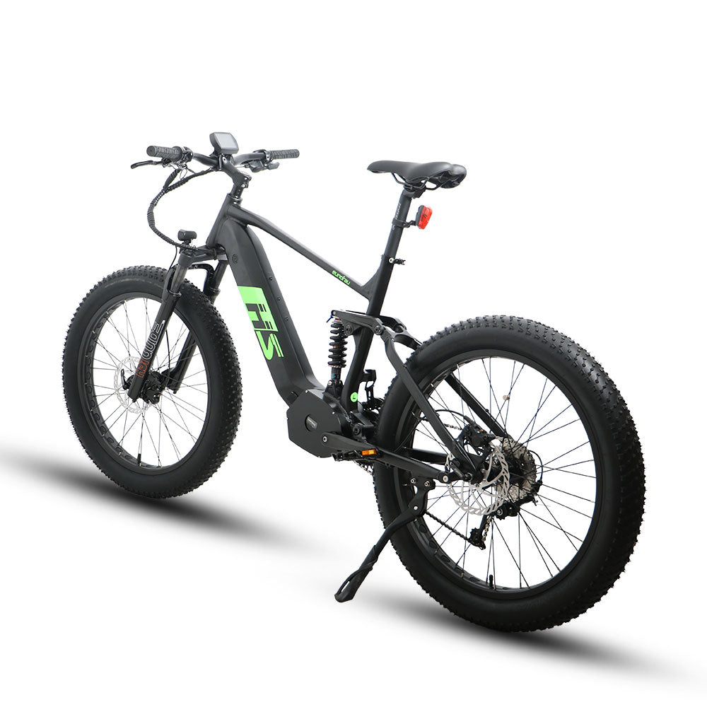 Eunorau Fat-HS electric fat tire bike rear angle on studio white background showing frame, suspension, and tires.
