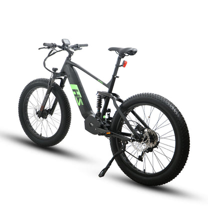 Eunorau Fat-HS electric fat tire bike rear angle on studio white background showing frame, suspension, and tires.
