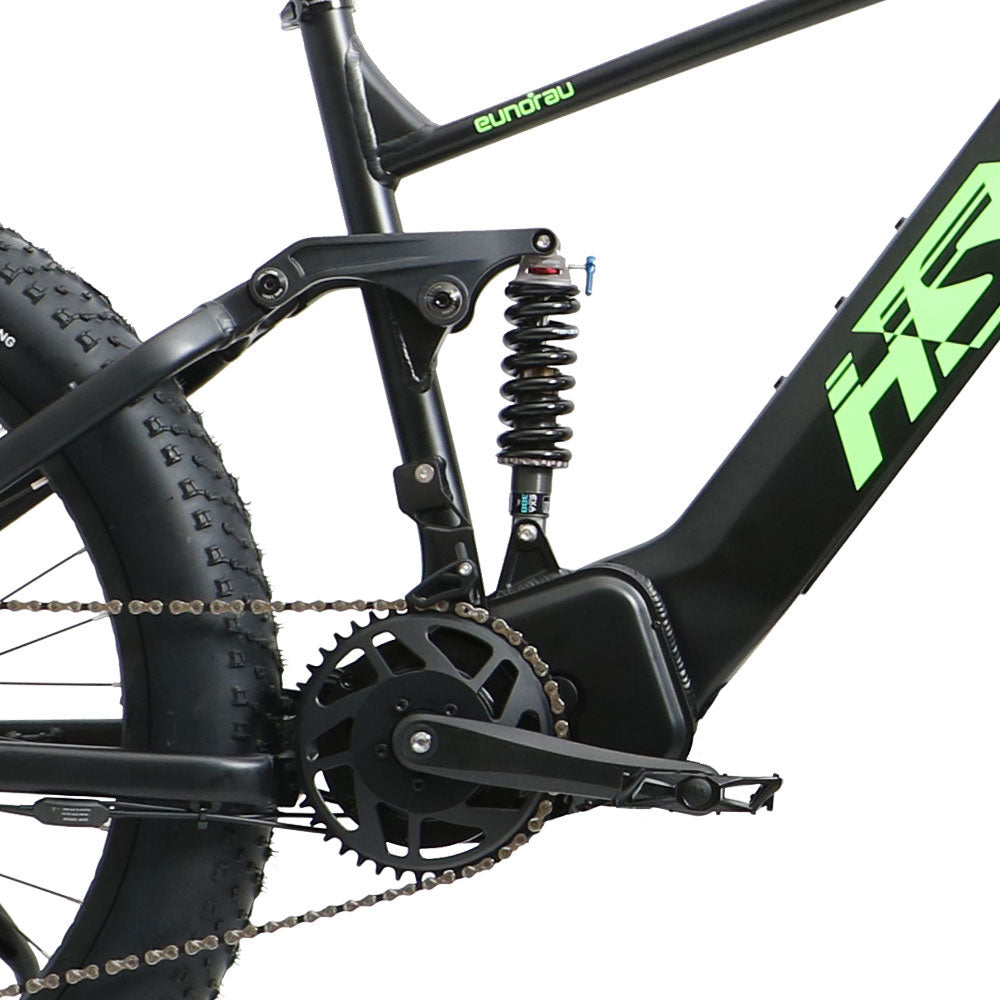 Eunorau Fat-HS electric fat tire bike rear close-up of suspension system, drive train, and fat tire.
