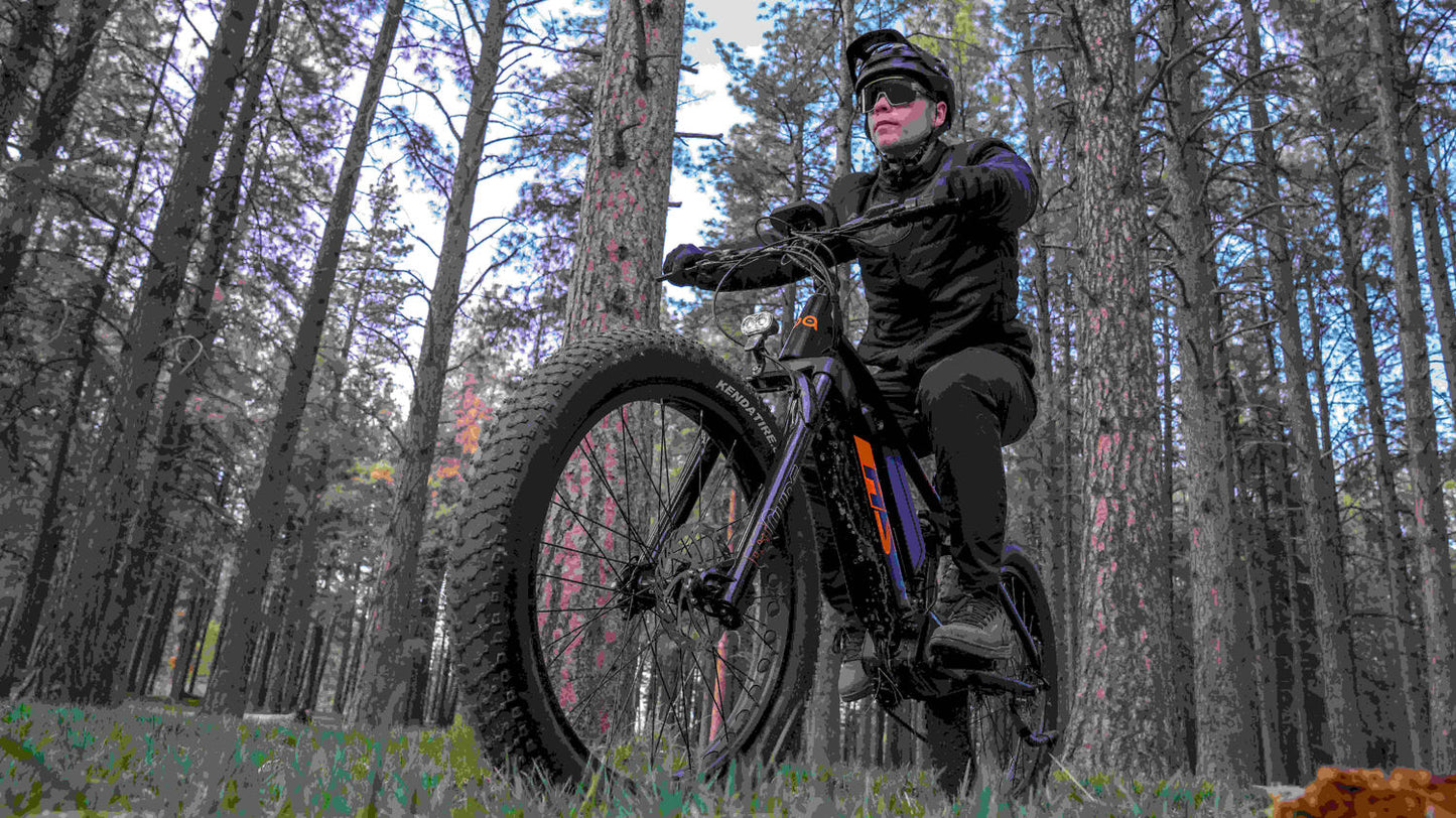Eunorau Fat-HS electric fat tire bike front view with rider on forest trail surrounded by trees.
