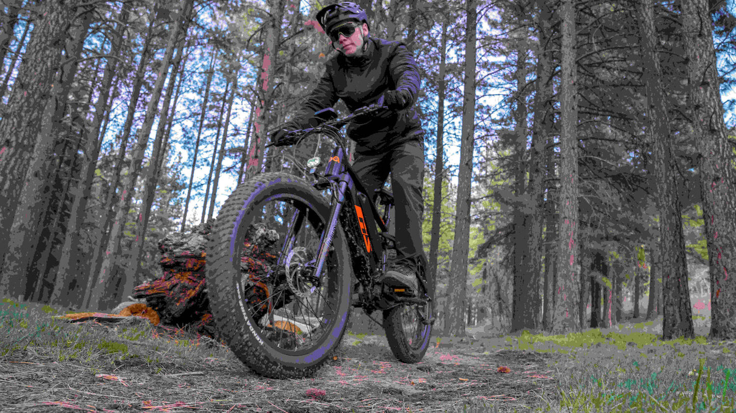 Eunorau Fat-HS electric fat tire bike side profile with rider on forest trail, trees in background.
