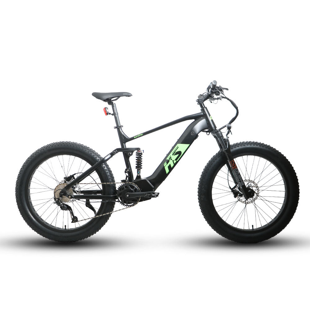 Eunorau Fat-HS electric fat tire bike side profile on a black background, showcasing fat tires and suspension.
