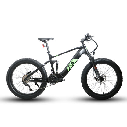 Eunorau Fat-HS electric fat tire bike side profile on a black background, showcasing fat tires and suspension.
