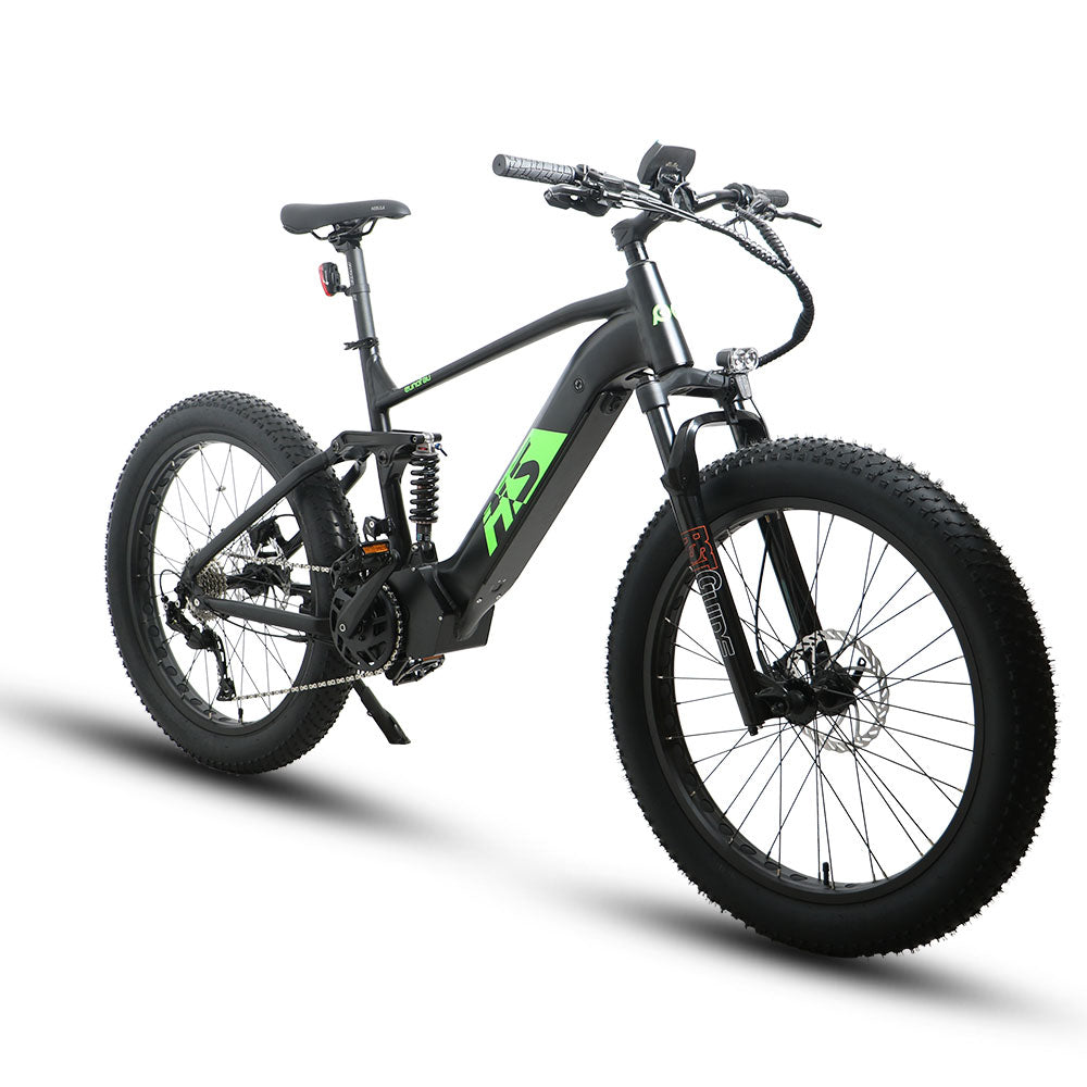 Eunorau Fat-HS electric fat tire bike side profile from a front angle, highlighting suspension fork and fat tires.
