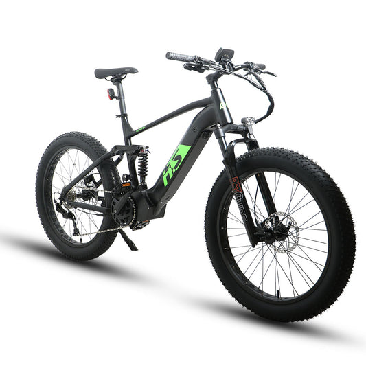 Eunorau Fat-HS electric fat tire bike side profile from a front angle, highlighting suspension fork and fat tires.
