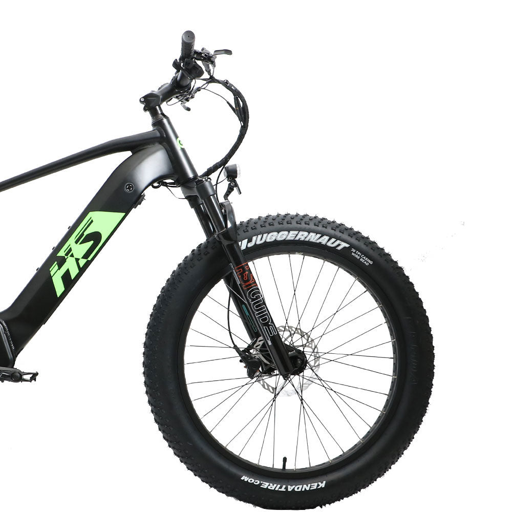 Eunorau Fat-HS electric fat tire bike close-up side profile showing handlebars, front tire, and suspension fork.
