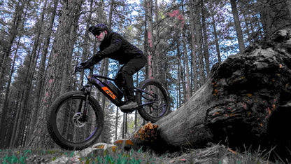 Eunorau Fat-HS electric fat tire bike side profile crossing a fallen log in dense forest terrain.
