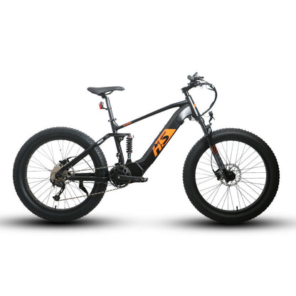 Eunorau Fat-HS electric fat tire bike side profile with orange frame, fat tires, and full suspension.
