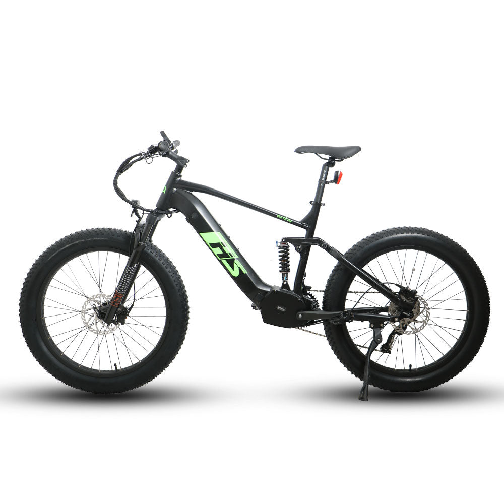 Eunorau Fat-HS electric fat tire bike side profile on white studio background highlighting suspension system.

