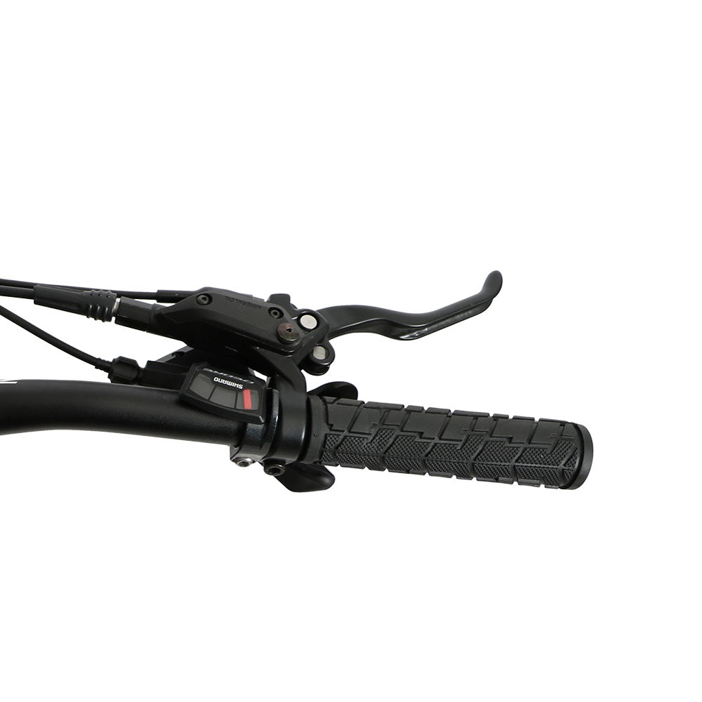 Eunorau Fat-HS 17 electric fat tire bike handlebar with Shimano gear shift and brake lever.
