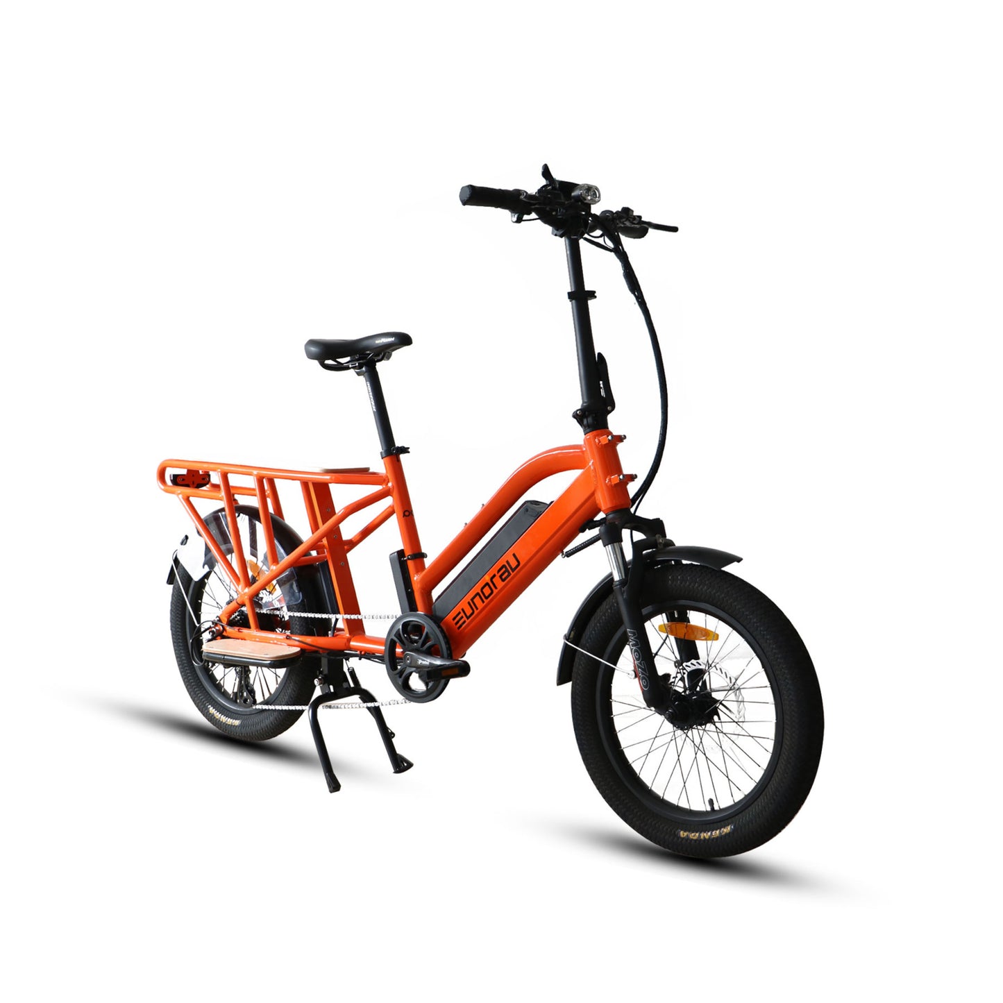 Front side view of an orange Eunorau G30 Cargo 14AH electric bike on a white background