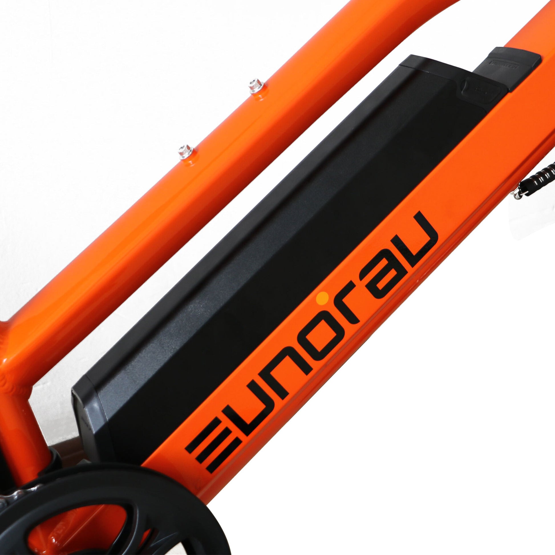 Close-up of Eunorau G30 Cargo electric bikes frame, battery pack and logo on a white background