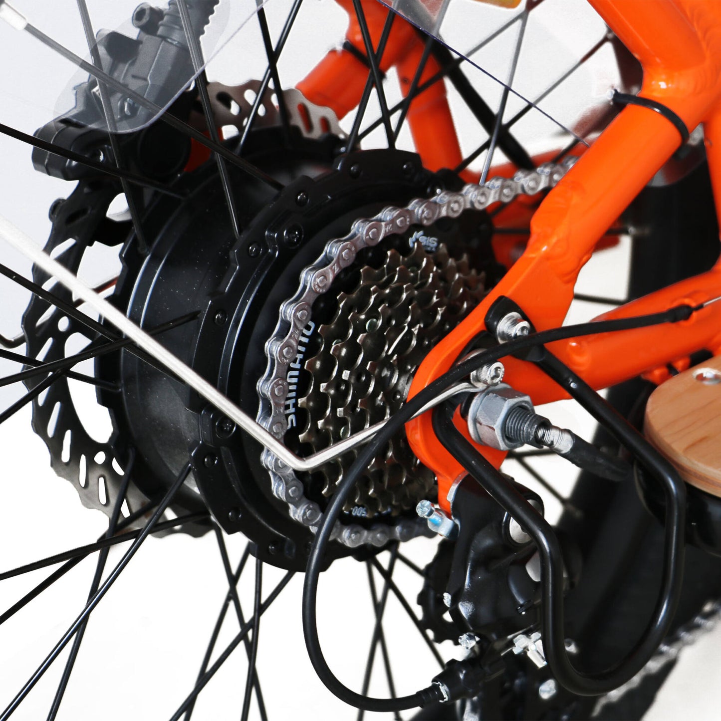 Close-up of a Eunorau G30 Cargo electric bike gear system on a white background
