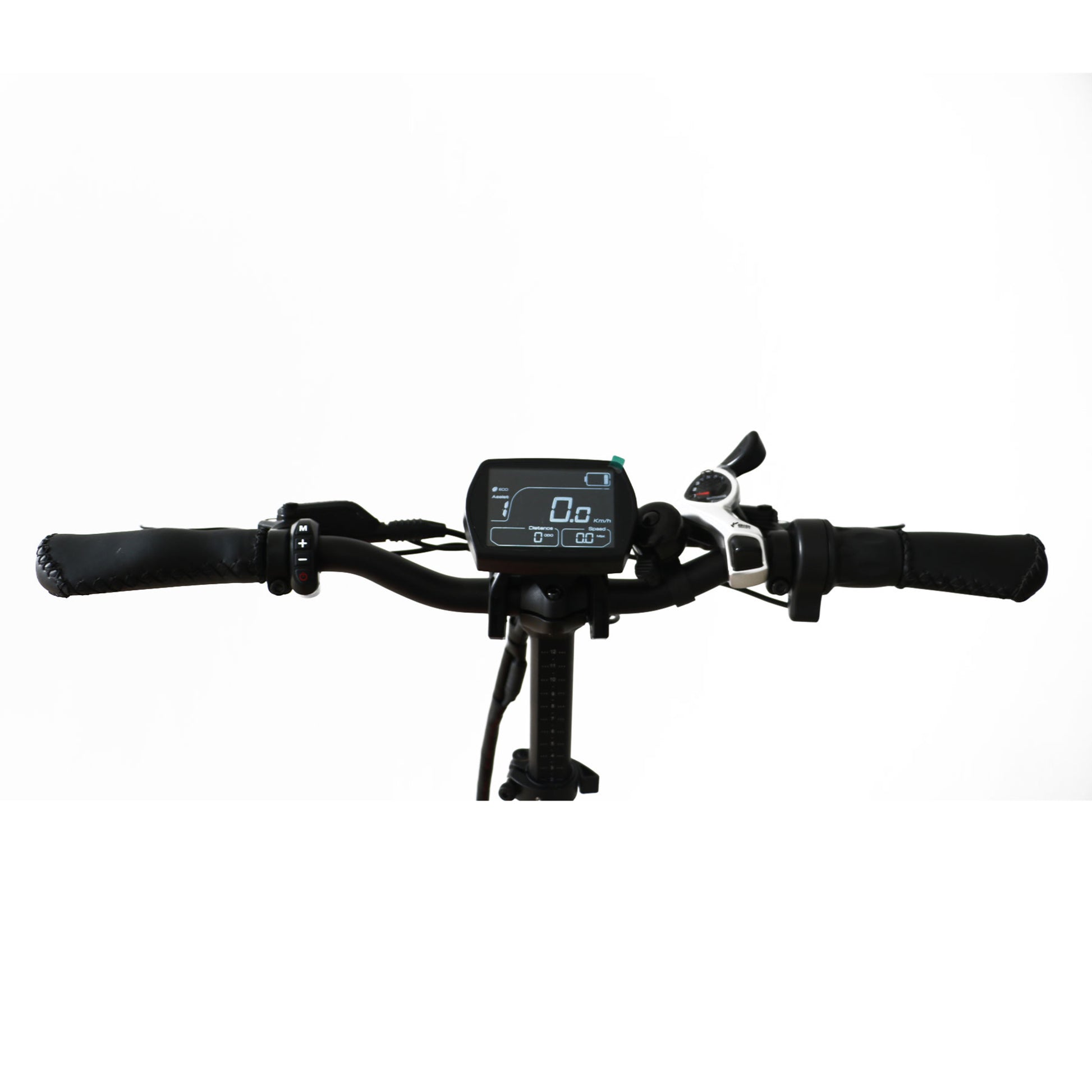 Close-up of Eunorau G30 Cargo electric bikes handlebars on a white background