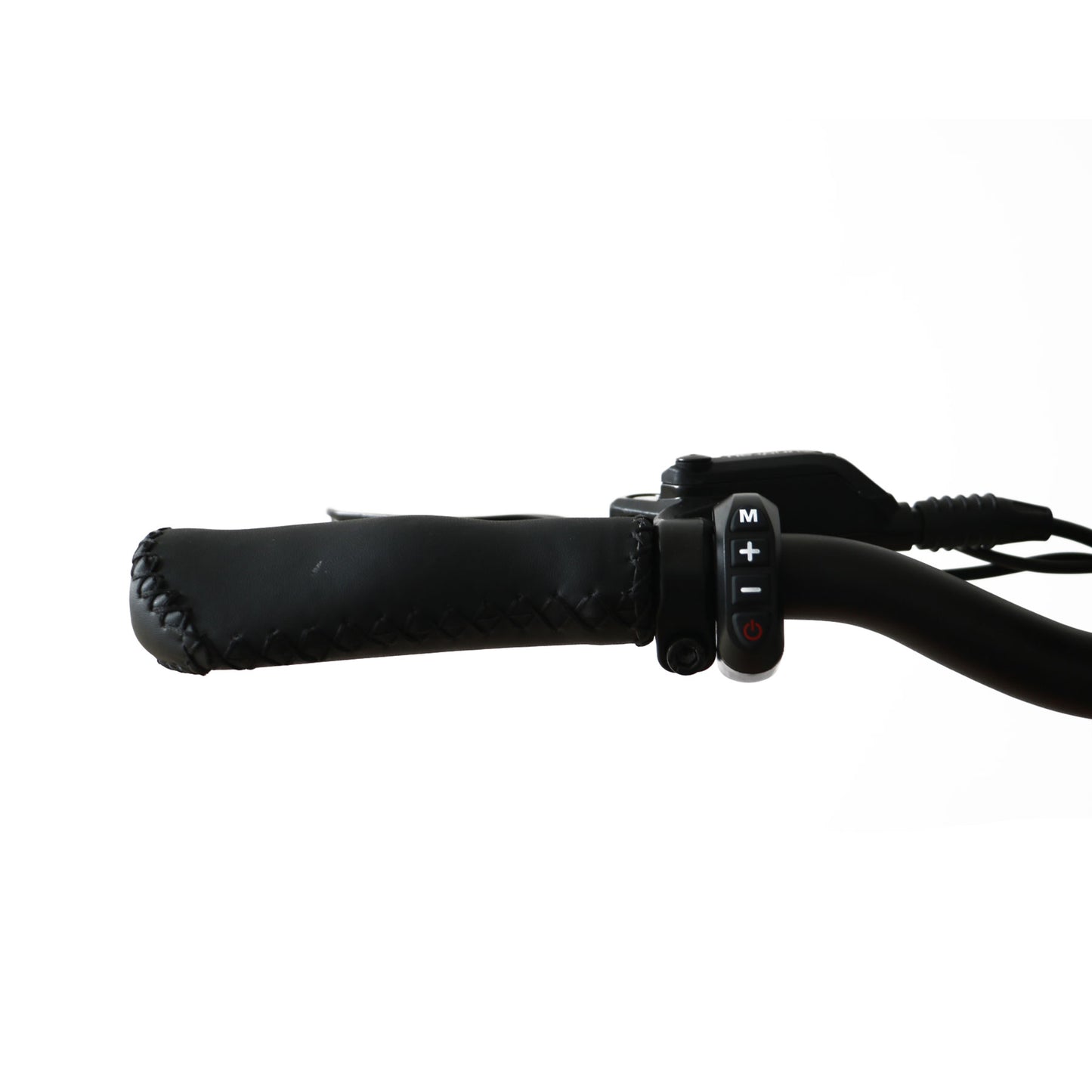 Close-up of Eunorau G30 Cargo electric bikes left handlebar with throttle, brake lever on a white background