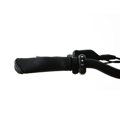 Close-up of Eunorau G30 Cargo electric bikes left handlebar with throttle, brake lever on a white background