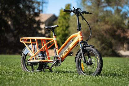 Orange Eunorau G30 Cargo electric bike with a basket on grass