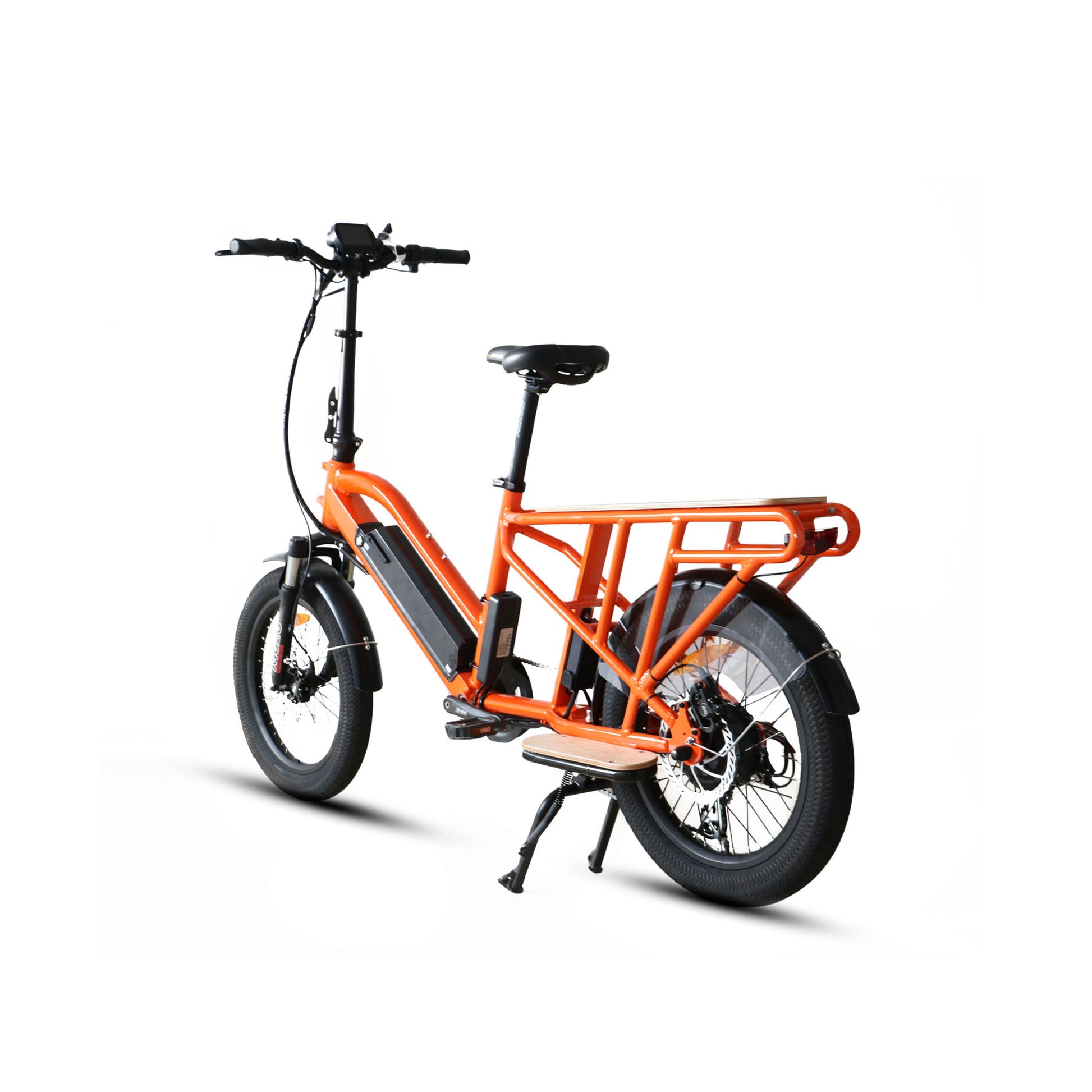 Rear side view of an orange Eunorau G30 Cargo electric bike on a white background
