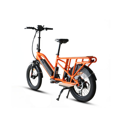 Rear side view of an orange Eunorau G30 Cargo electric bike on a white background