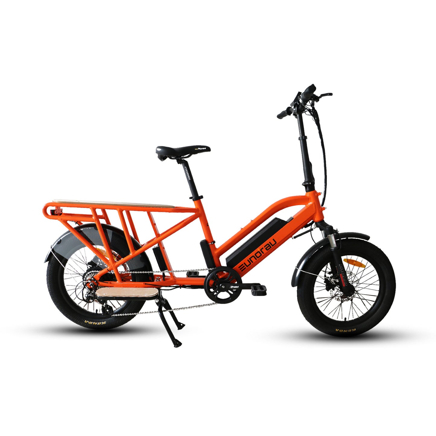 Side view of an orange Eunorau G30 Cargo electric bike on a white background