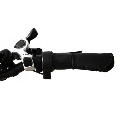 Close-up of Eunorau G30 Cargo electric bikes throttle, brake lever, gear shifter on a white background