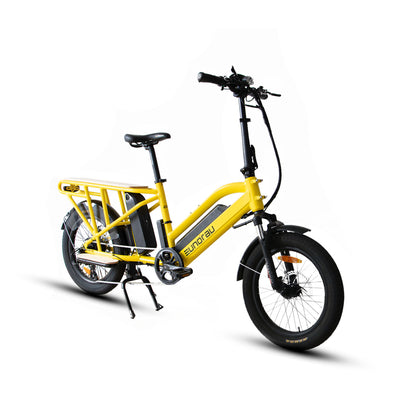 Front side view of a yellow Eunorau G30 Cargo electric bike on a white background