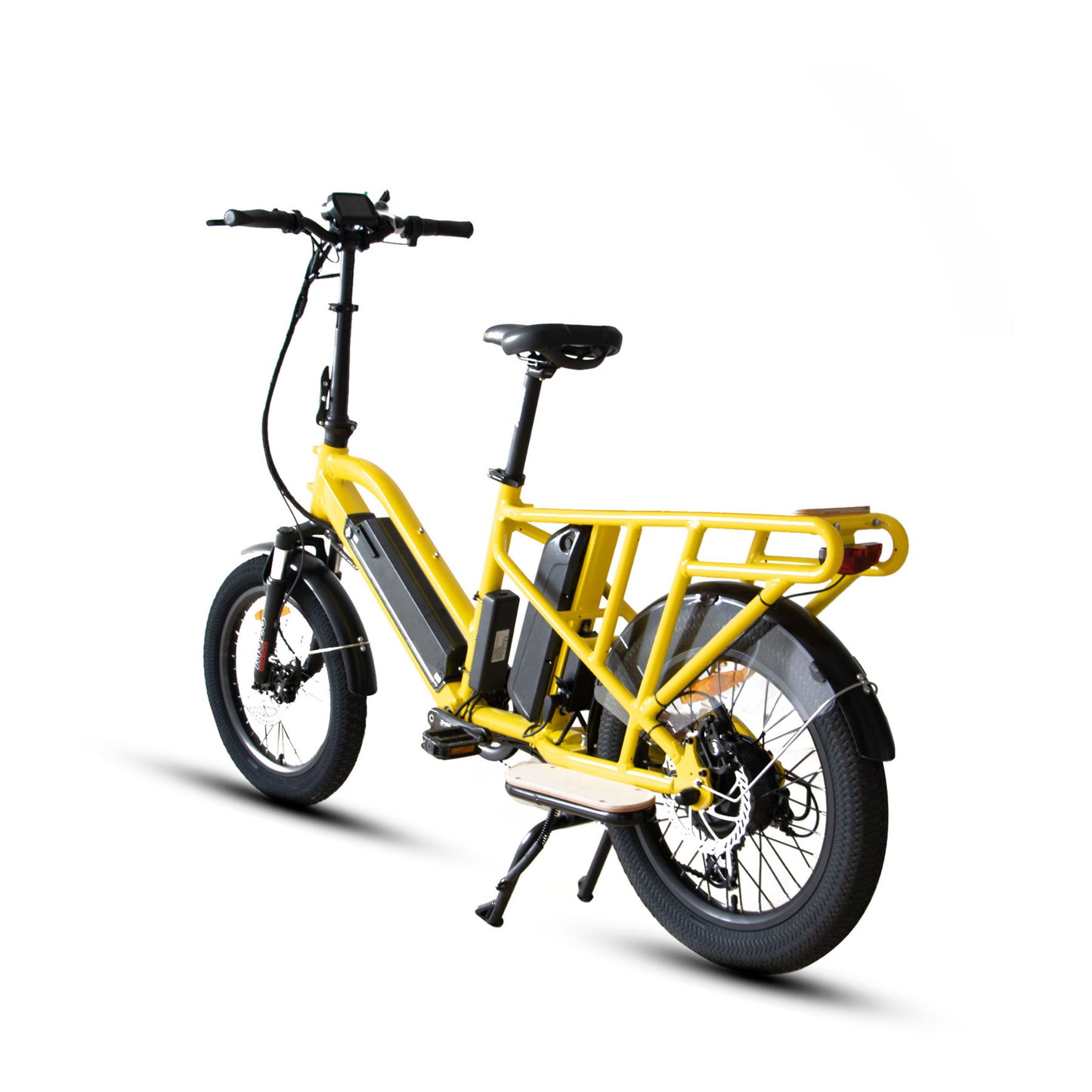 Rear side view of a yellow Eunorau G30 Cargo electric bike on a white background
