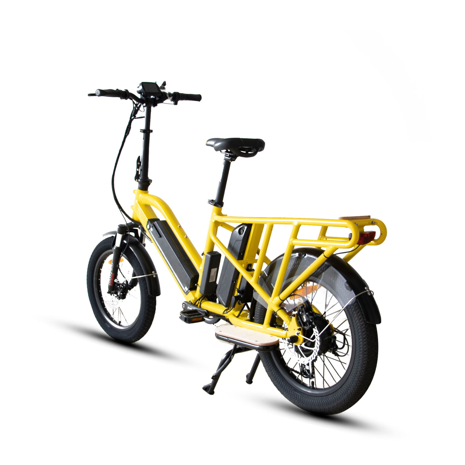 Rear side view of a yellow Eunorau G30 Cargo electric bike on a white background