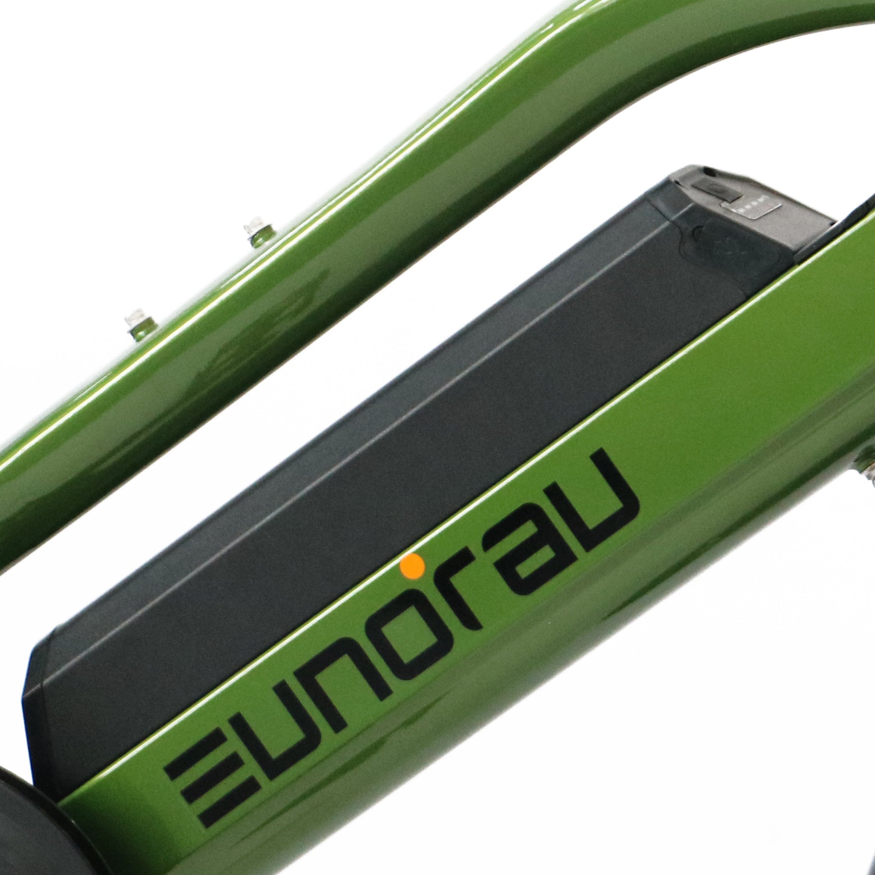 Close up of Eunorau Max-Cargo 14AH electric bike frame, logo and battery pack on a white background