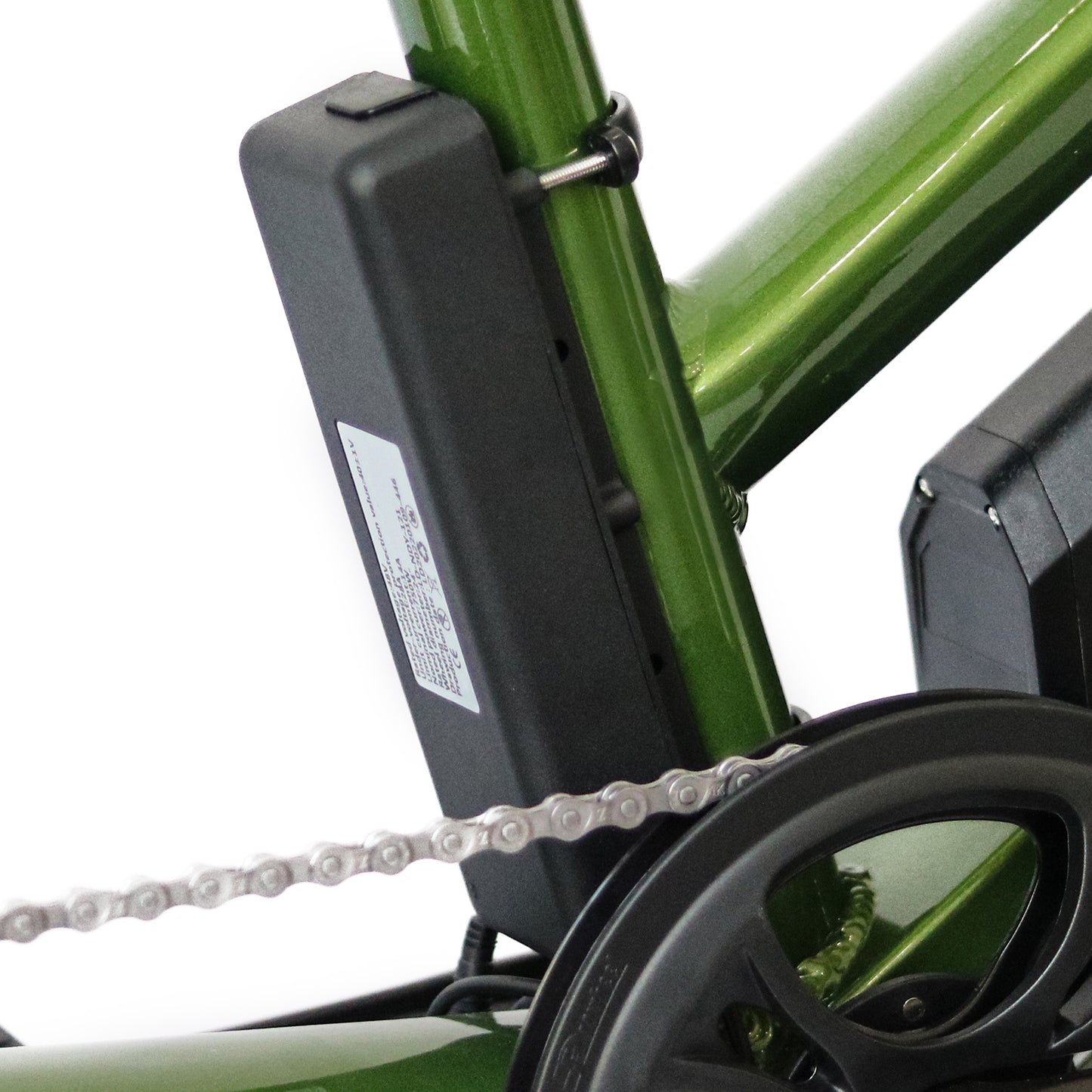 Close-up of a green Eunorau Max-Cargo 14AH  with a black battery pack attached, on a white background.