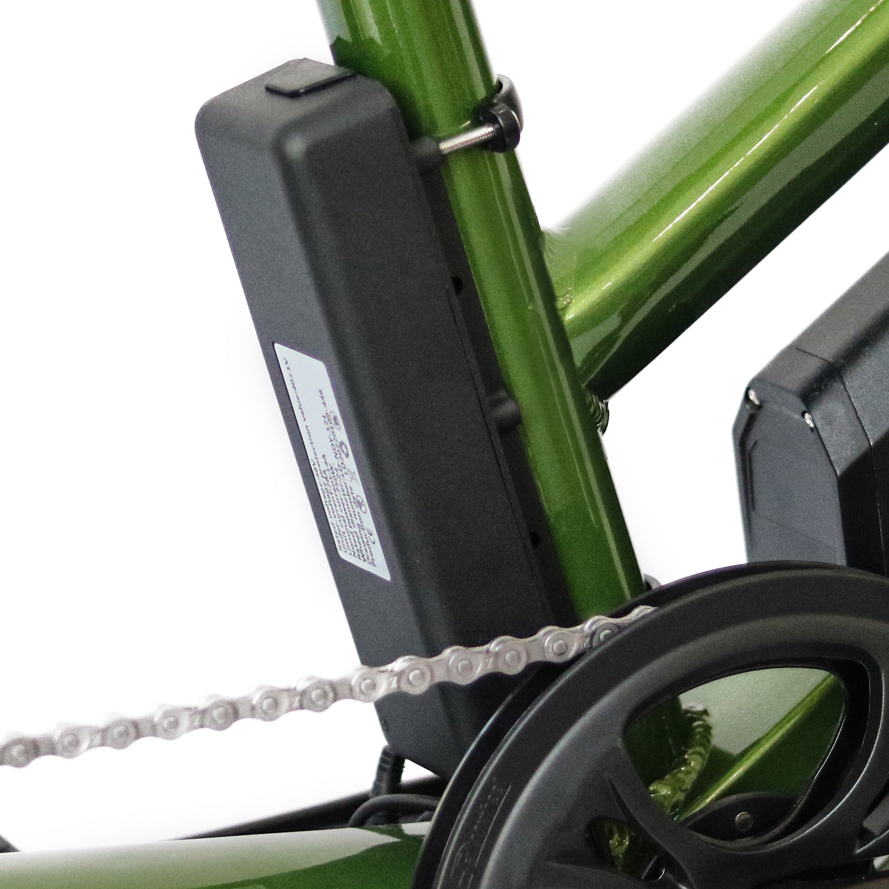 Close-up of a green Eunorau Max-Cargo 14AH  with a black battery pack attached, on a white background.