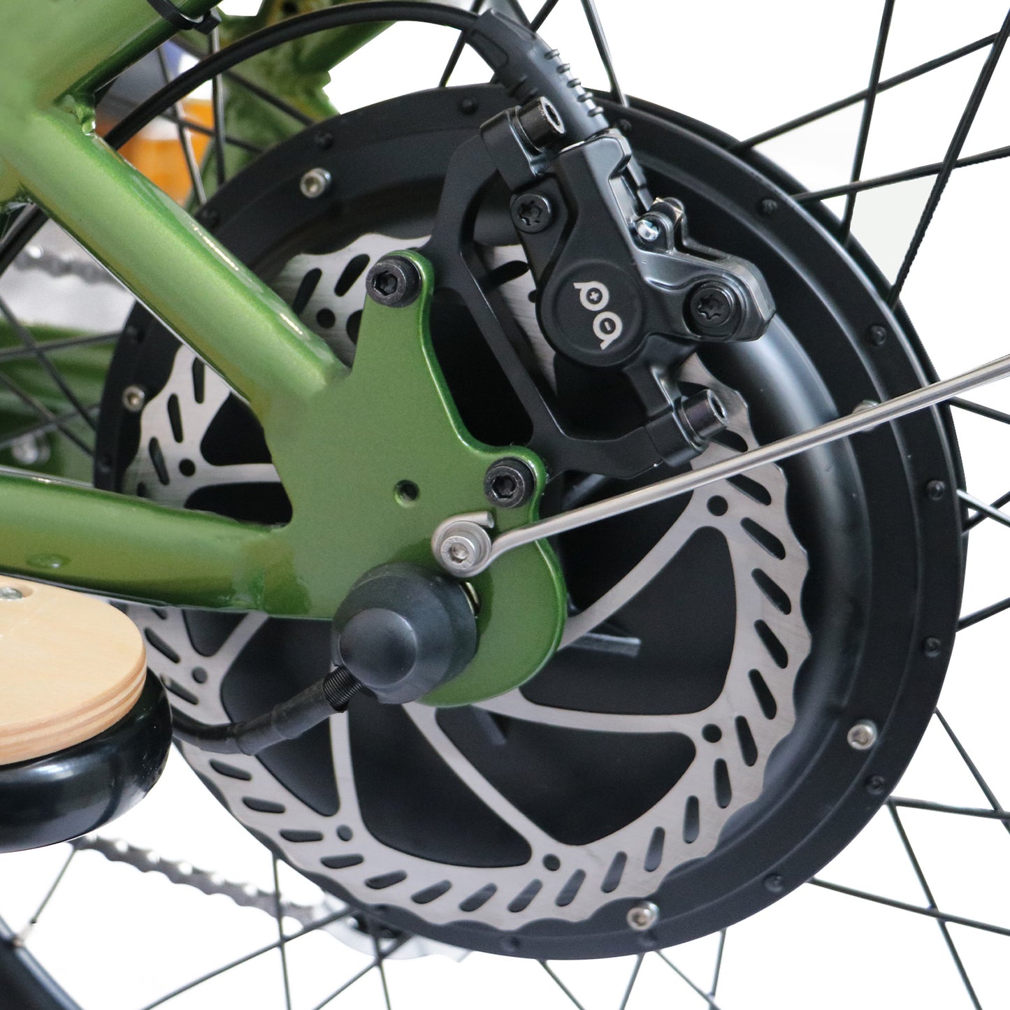Close-up of a Eunorau Max-Cargo 14AH electric bike brake system on a white background