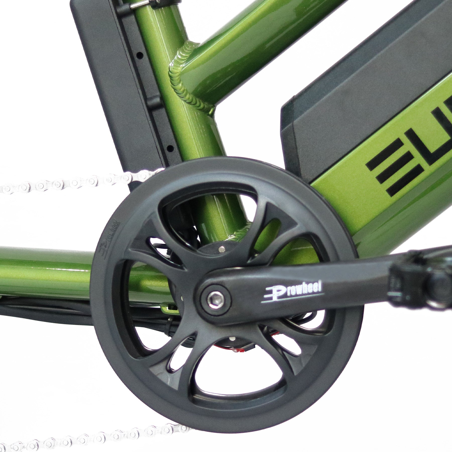 Close-up of a Eunorau Max-Cargo 14AH electric bike crank system on a white background
