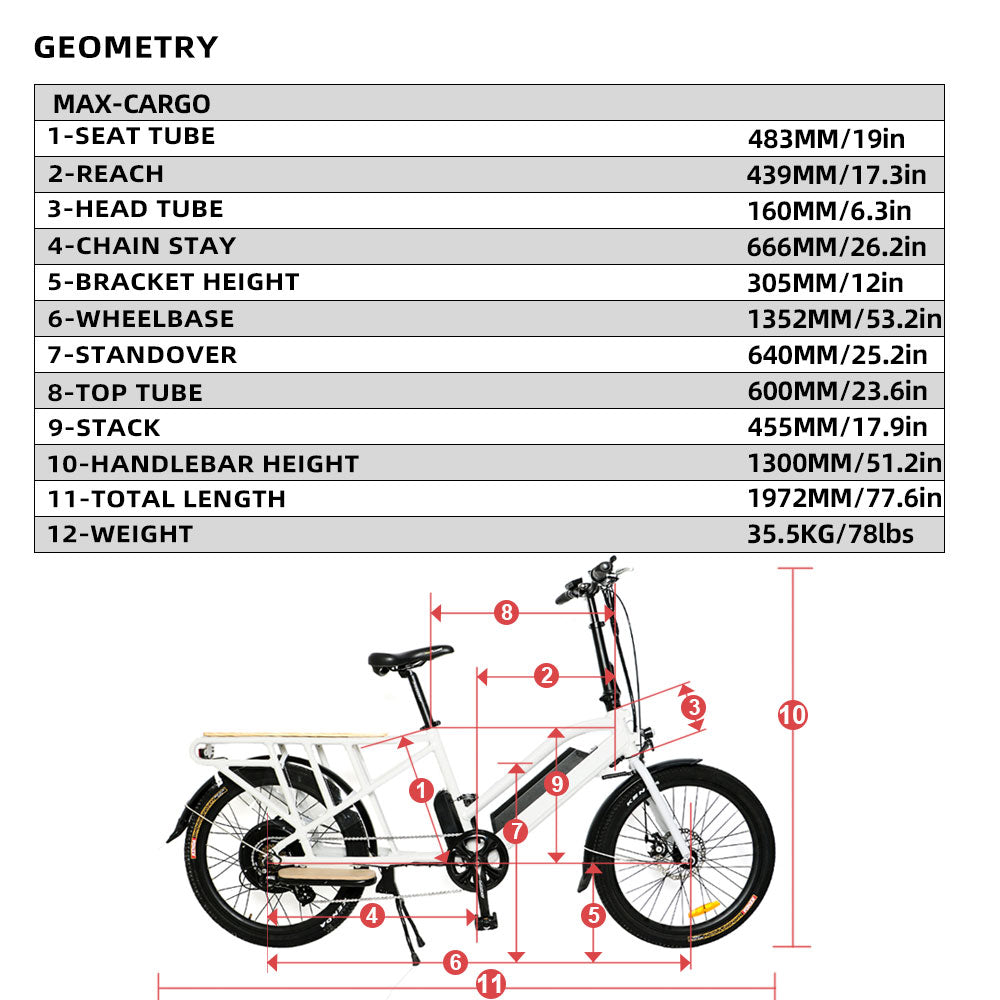 Diagram and dimensions of  Eunorau Max-Cargo 14AH electric bike
