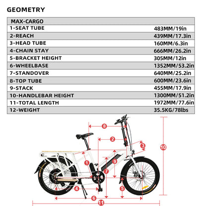 Diagram and dimensions of  Eunorau Max-Cargo 14AH electric bike