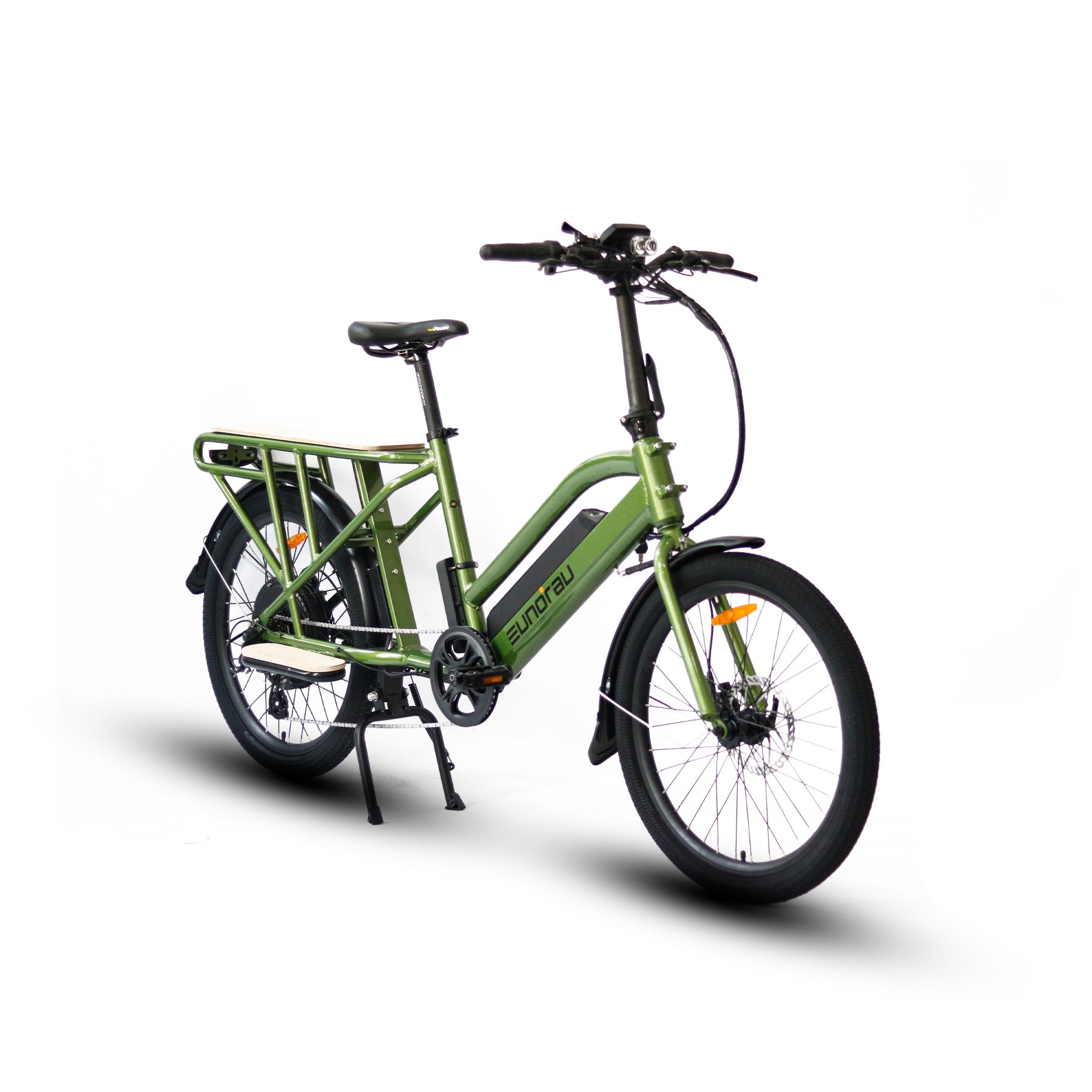 Front side view of a Eunorau Max-Cargo 14AH green electric bike on a white background