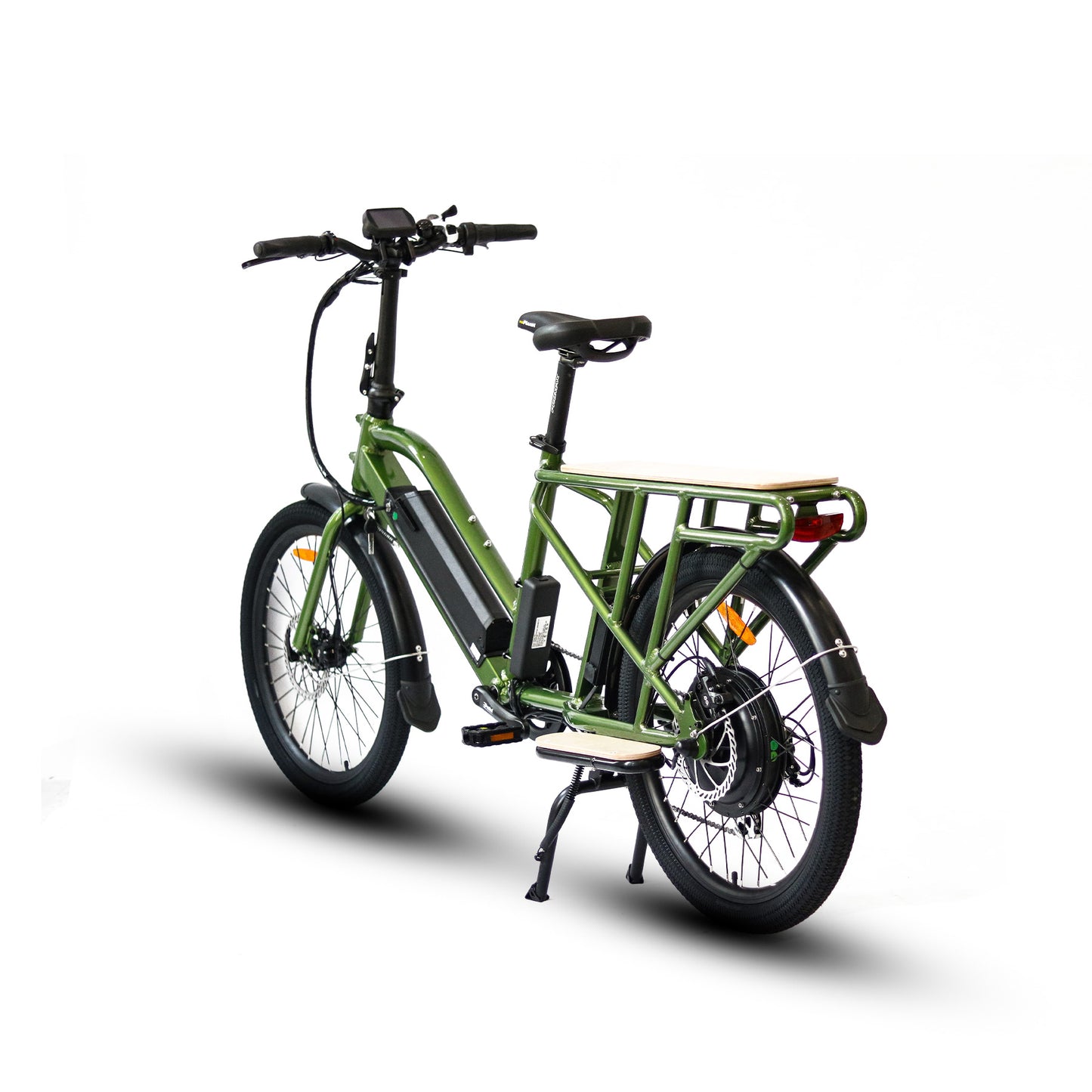 Rear side view of a Eunorau Max-Cargo 14AH green electric bike on a white background
