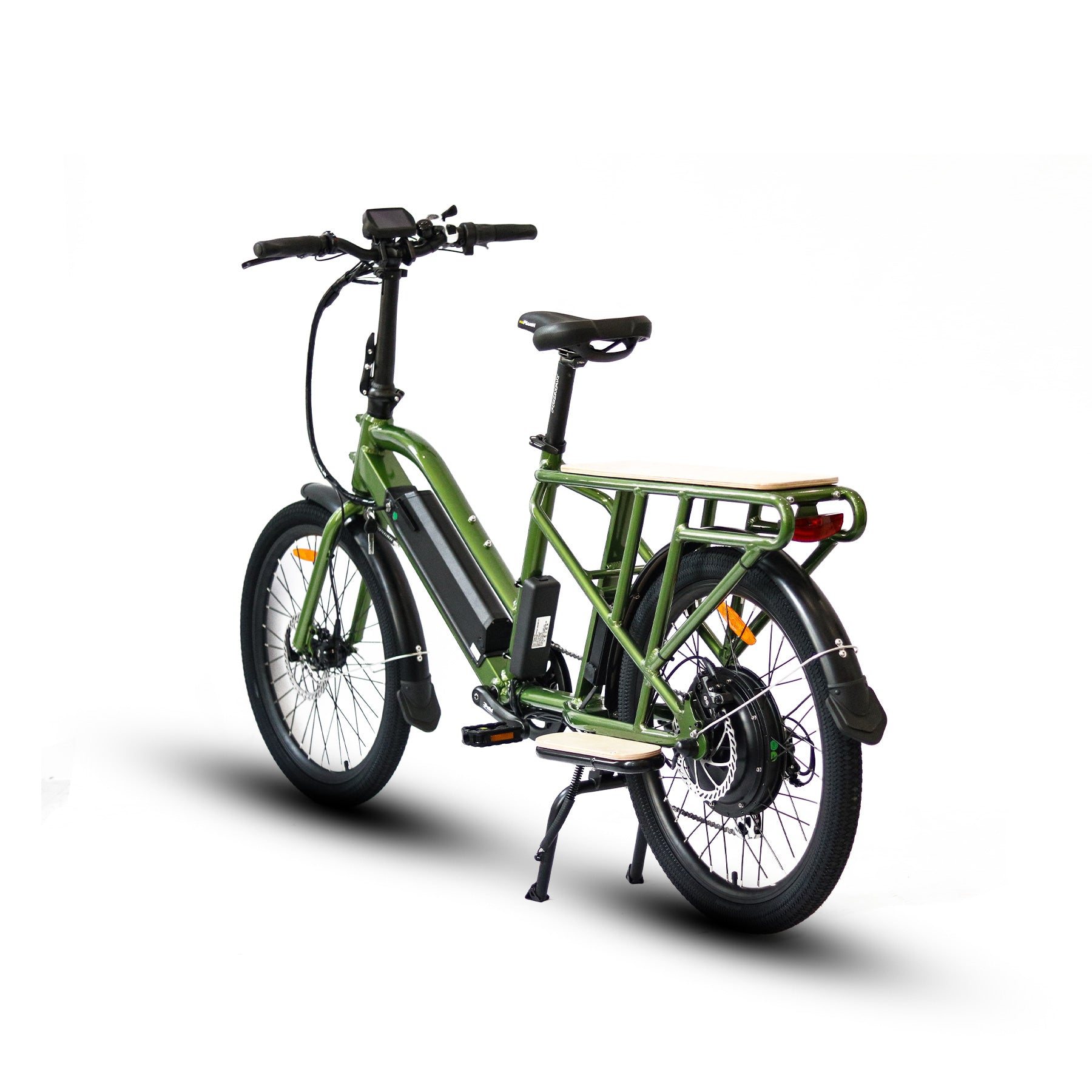 Rear side view of a Eunorau Max-Cargo 14AH green electric bike on a white background