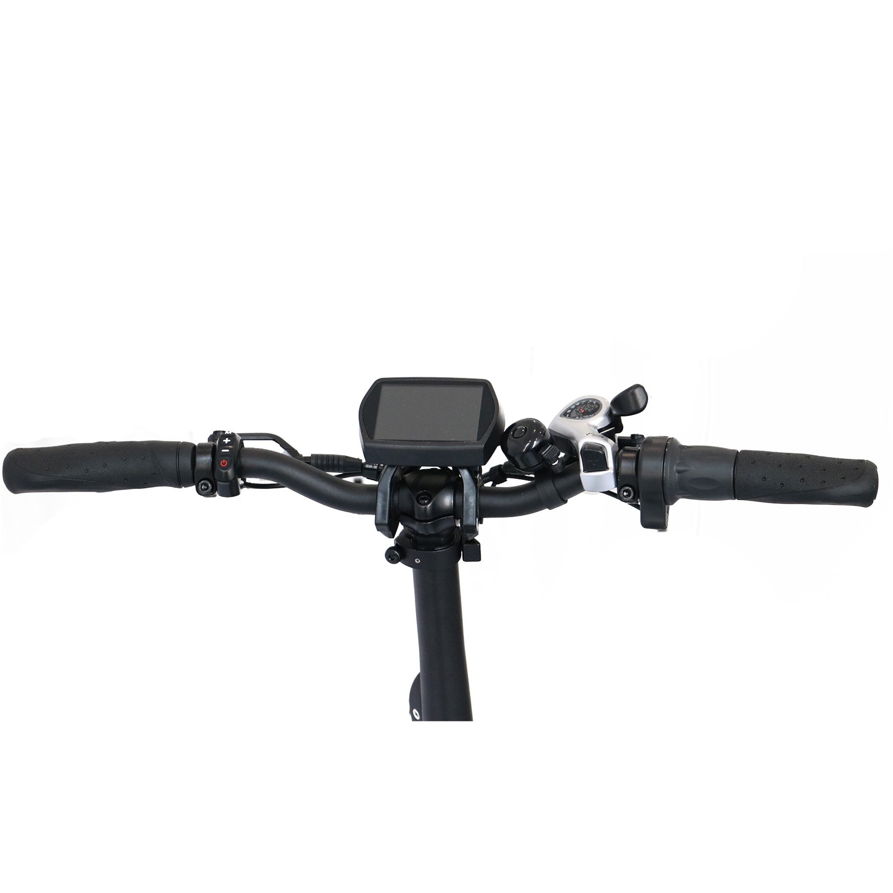 Close up of Eunorau Max-Cargo 14AH electric bike handlebars with gear shifters, bell, display, throttle, brake levers on a white background